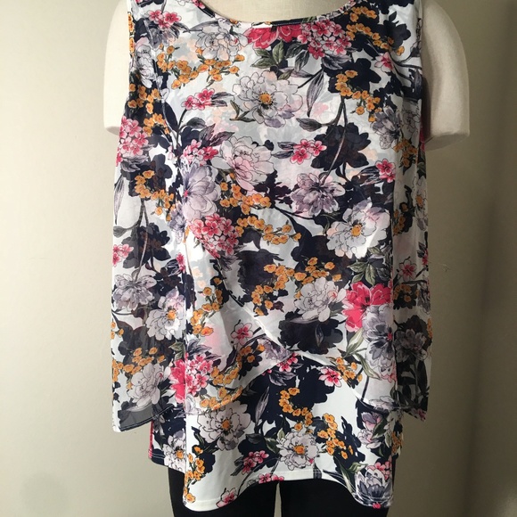 Roz & Ali Tops - Roz & Ali Sleeveless Floral Overlay Split Back Top